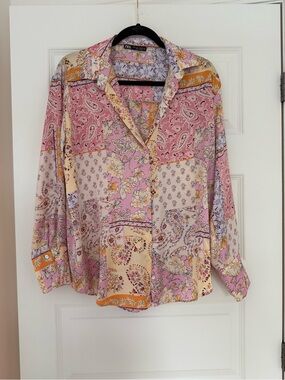 Zara Multi-Pink Patchwork Floral Button-Down Shirt